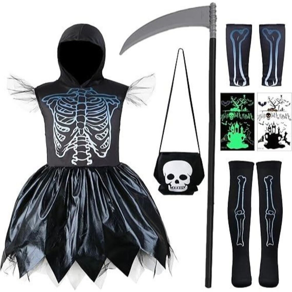 Girls Black Grim Reaper Dress Scythe Suit Skull Costume Size 4-6 NEW